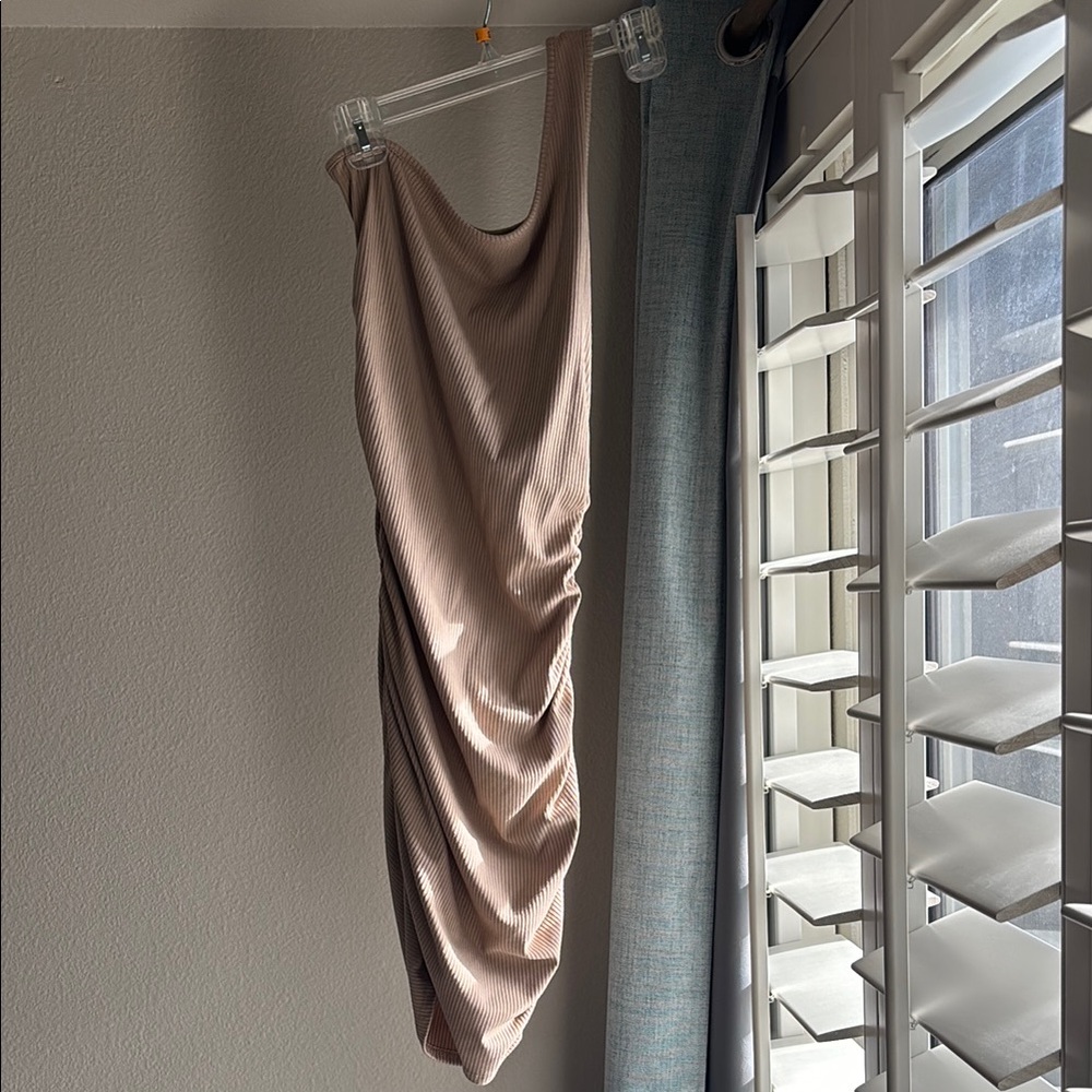 Windsor Beige Ribbed On-Shoulder Knit Dress